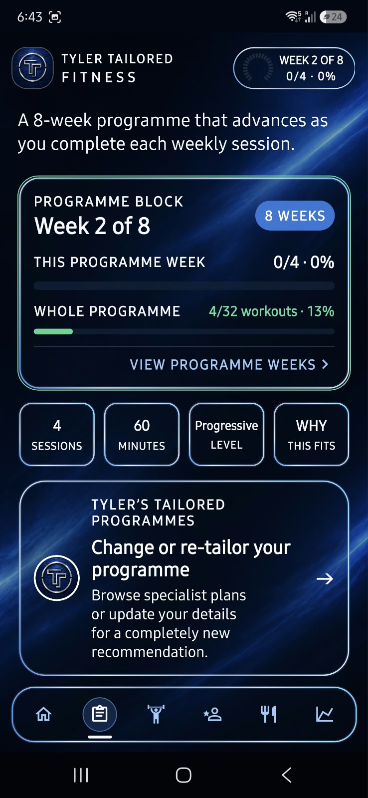 Plan screen in Tyler Tailored Fitness